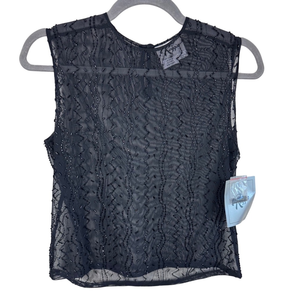 Reggio NWT Womens Y2K Black Beaded Sheer Mesh Tank Top Sleeveless Blouse Size 4‎